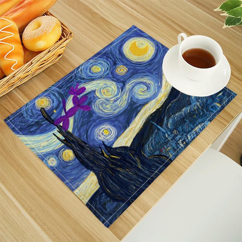 Van Gogh The Starry Night Print Linen Dining Table Mats Alphabet Kitchen Placemat 30X45cm Coasters Pads Bowl Cup Mat
