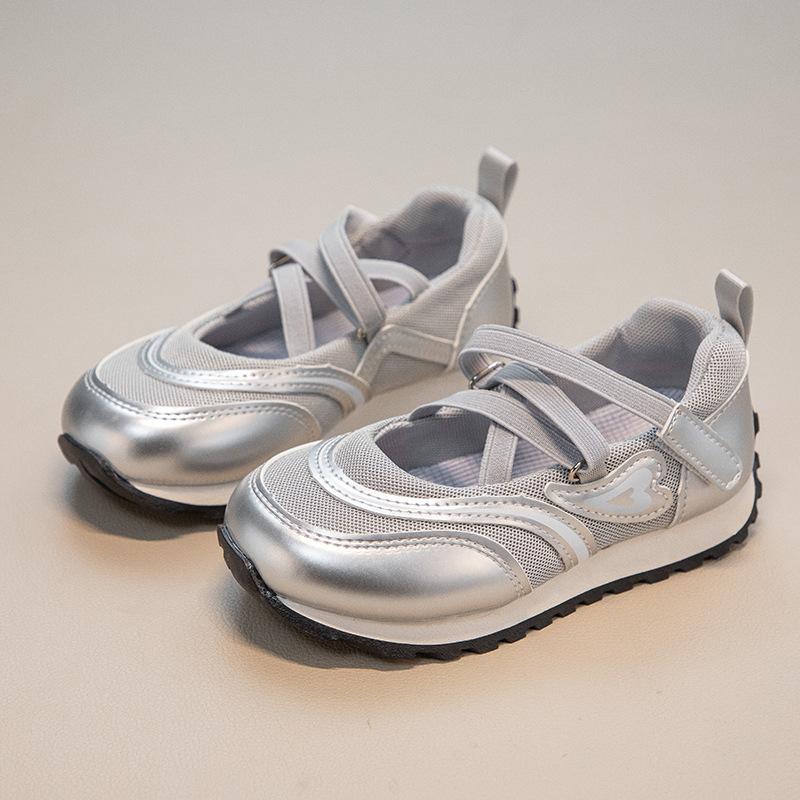 Spring Kids Mary Jane Soft Sole Sneakers Girls Breathable Hook and Loop Casual Shoes size 26 серебряный