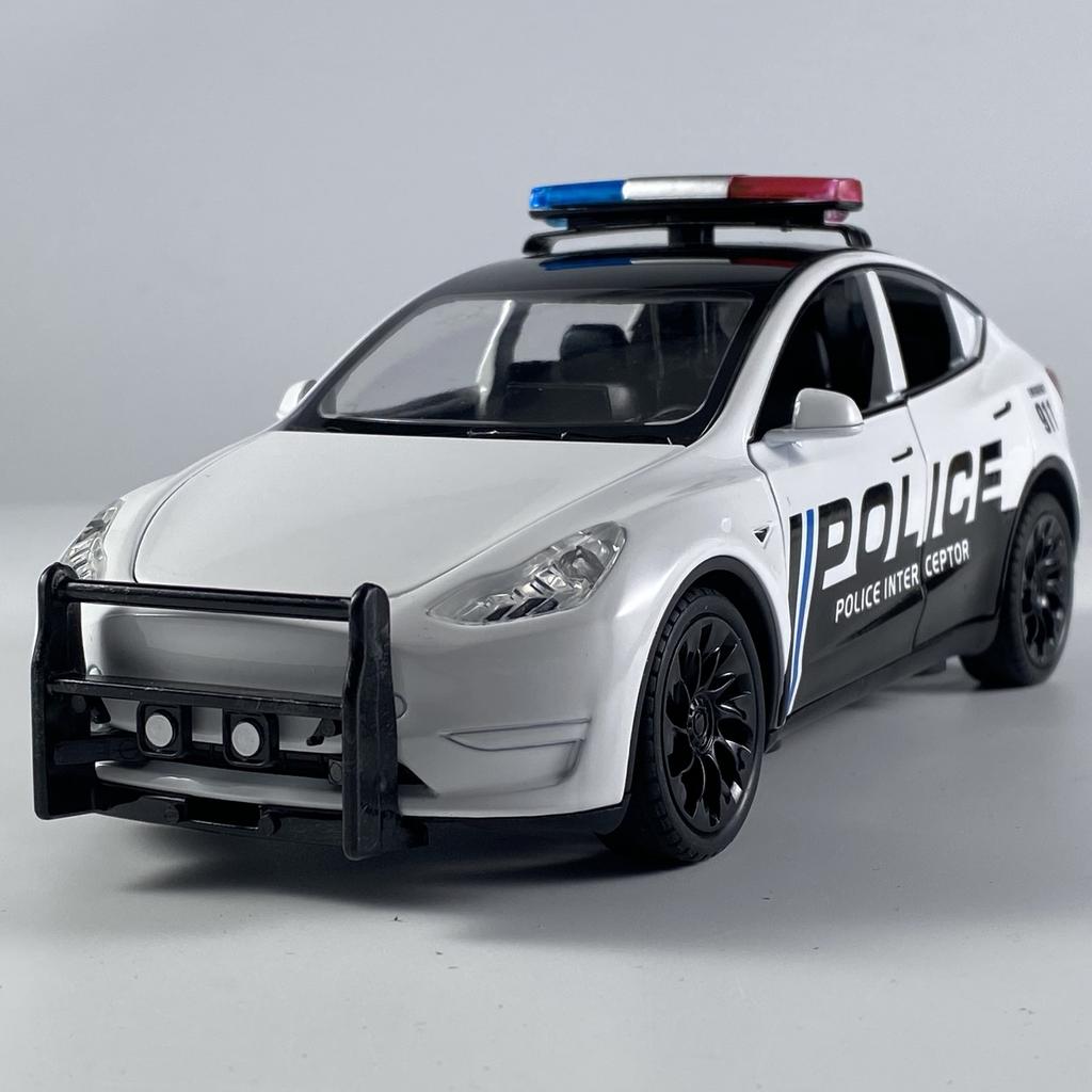 1:24 Model Y Policie Slitina Tlakově litý Model Auta Zvuk & Světlo Pull Back Vysoká Simulace Ozdoba Vnitřní Stolní Dekorace Hobby Chlapec