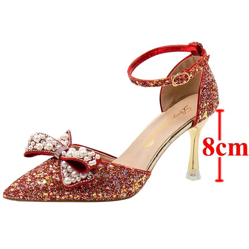 Fashion 2024 New Pearl Bowtie Thin Heels Wedding Shoes Women Bing Shiny Ankle Strap Pumps Woman Sexy Pointed Toe Sequins High Heel Shoes
