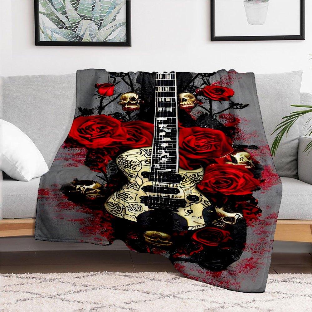 Gothic Skull Roses Electric Guitar Art Print PosterBlanket Flannel Throw Blanket for Sofa, Bed, Travel, Camping, Office