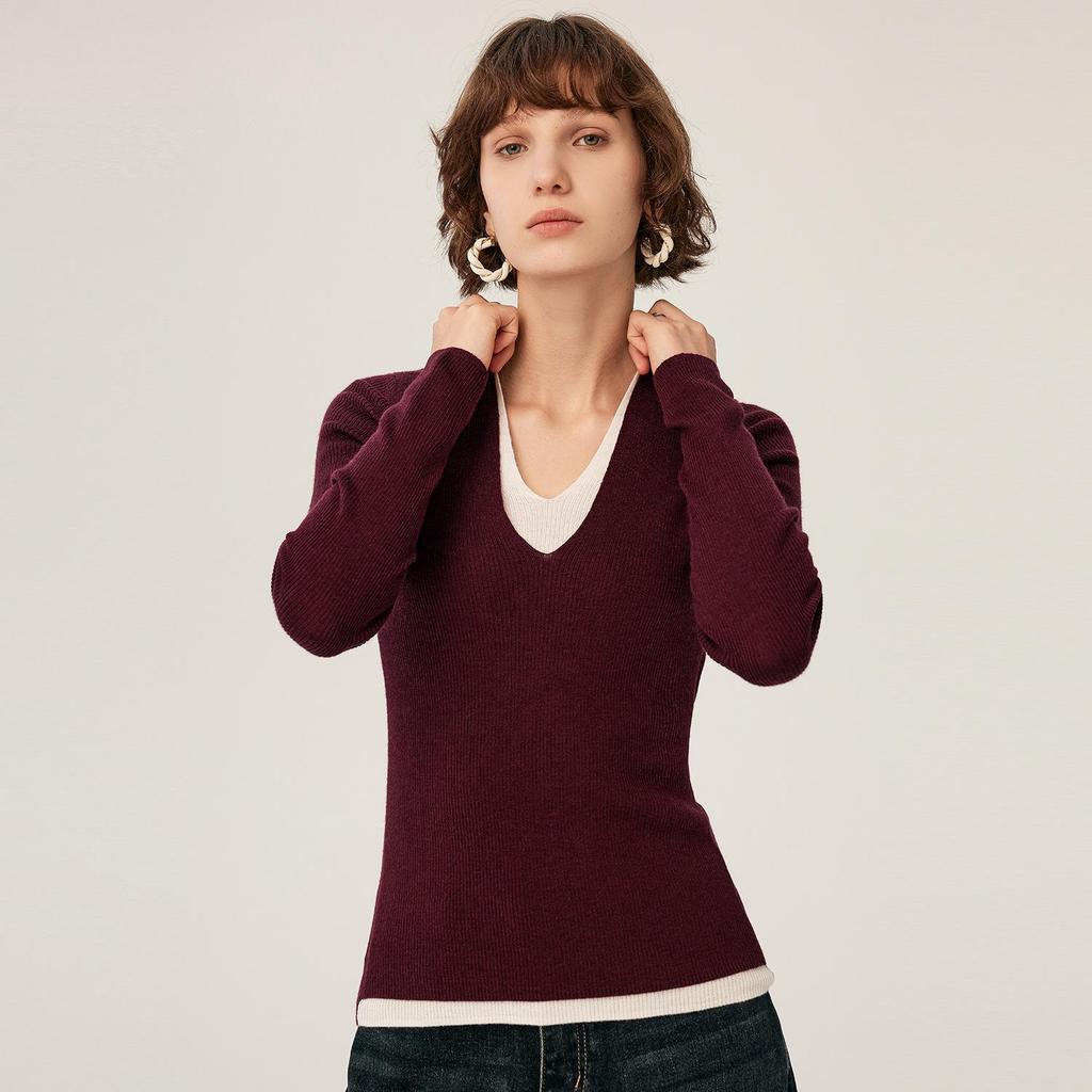 Women's Pure Wool V-Neck Slim Fit Long Sleeve Knit Sweater