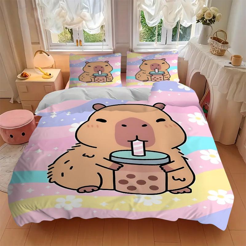 3PCs Bubble Tea, Cute Capybara Design Cover Set, Breathable Fabric, Machine Washable (1 Duvet Cover + 2 Pillowcases) (Without Quilt) yy250911144