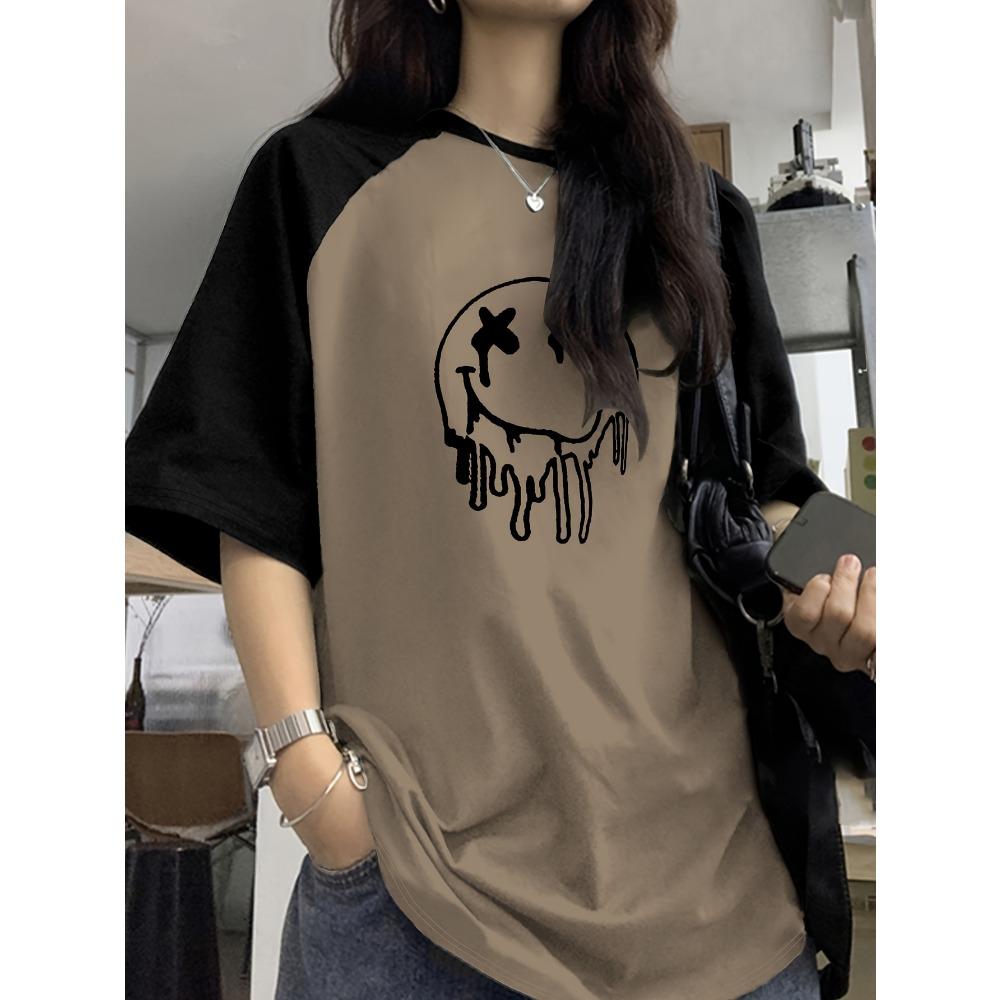 

Women s Fashion Casual Minimalist Color-block Raglan Sleeve Crew Neck Short Sleeve Pullover T-shirt 5XL
