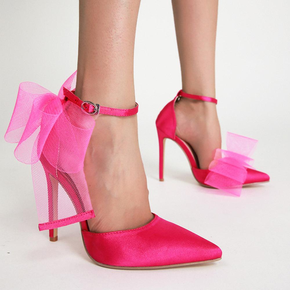 Hollow sandals sweet mesh bow stiletto strap single shoes pointed black high heels