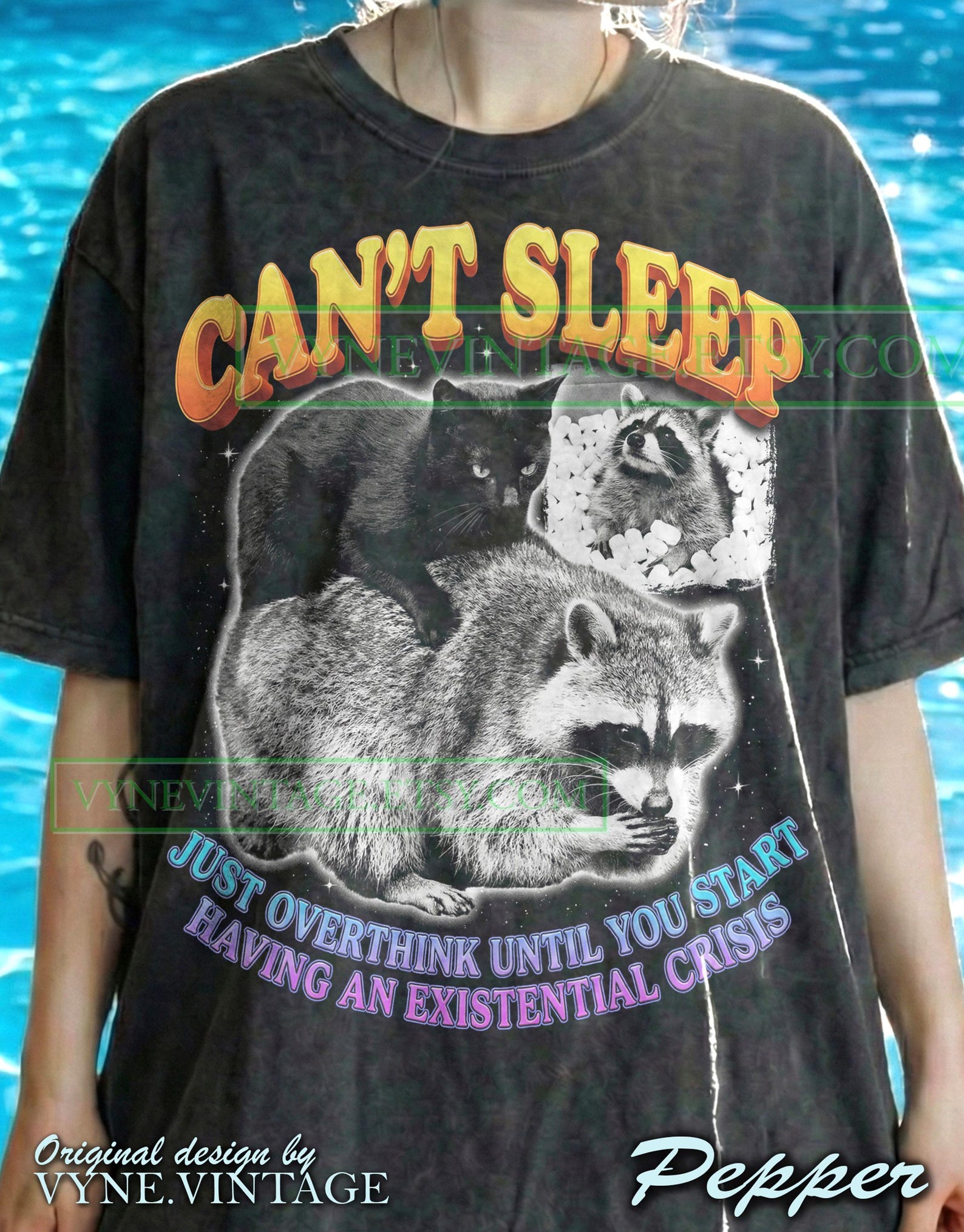 Can T Sleep Overthink Raccoon Comfort Colors® Tshirt, Black Cat Tees, Trash Panda Sweater, Funny Meme Tanktop, 90S Retro Insomnia Gift XL