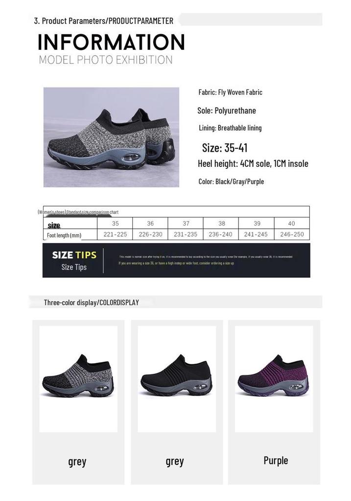 Zapatos de calcetín casuales para exteriores con suela gruesa de PU y amortiguación de aire, transpirables para mujer