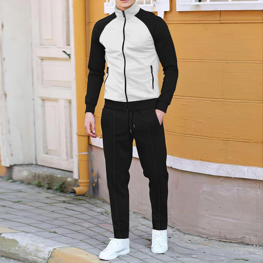 Men's Color Block Waffle Jacket and Sportswear Set - Autumn/Winter Collection