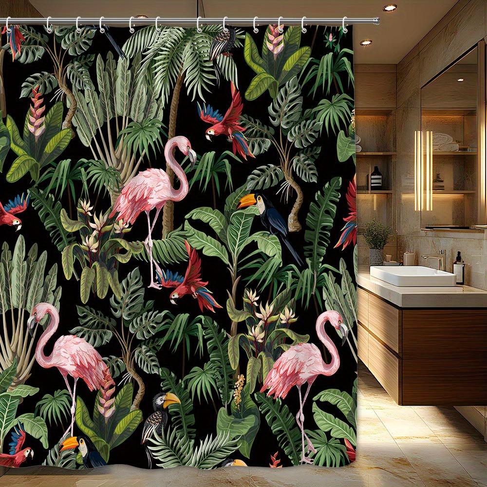 1pc Tropical Jungle Shower Curtain with Vibrant Flamingos & Exotic Birds Design, Botanical Illustration Style, Polyester Fabric