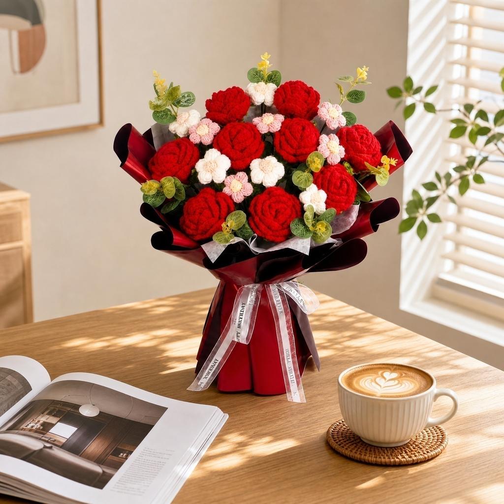 Hand Knitted Artificial Flower Bouquet, Home Decor Faux Floral Arrangement, Gift for