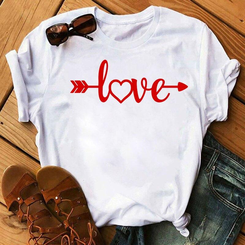 Graphic T-Shirt Women Clothing Harajuku Heart Print Aesthetic Basic O-Neck Tops Casual Tshirt Tee Fashion Roupas Femininas