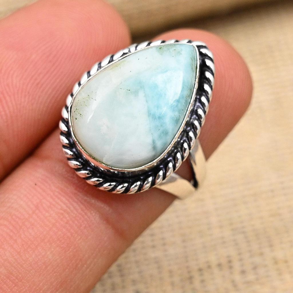 Niesamowity kamień szlachetny Larimar ręcznie wykonany pierścień ze srebra próby 925