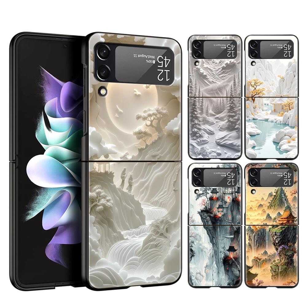 Chinese Style Landscape Hard PC Phone Case For Samsung Galaxy Z Flip 7 6 5 4 Black Cover For Galaxy Z Flip 3 Foldable Capas Bags