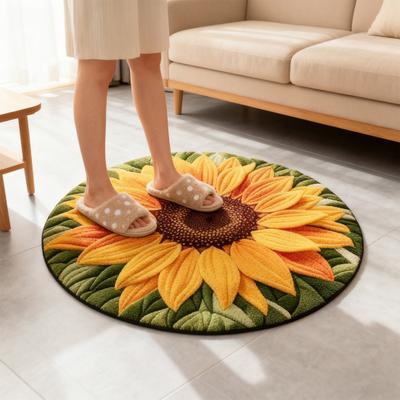 3D Sunflower Floor Mat Non-Slip Absorbent Bathroom Rug Quick-Dry Round Floral Area Rug for Farmhouse Bedroom Entryway Living Room