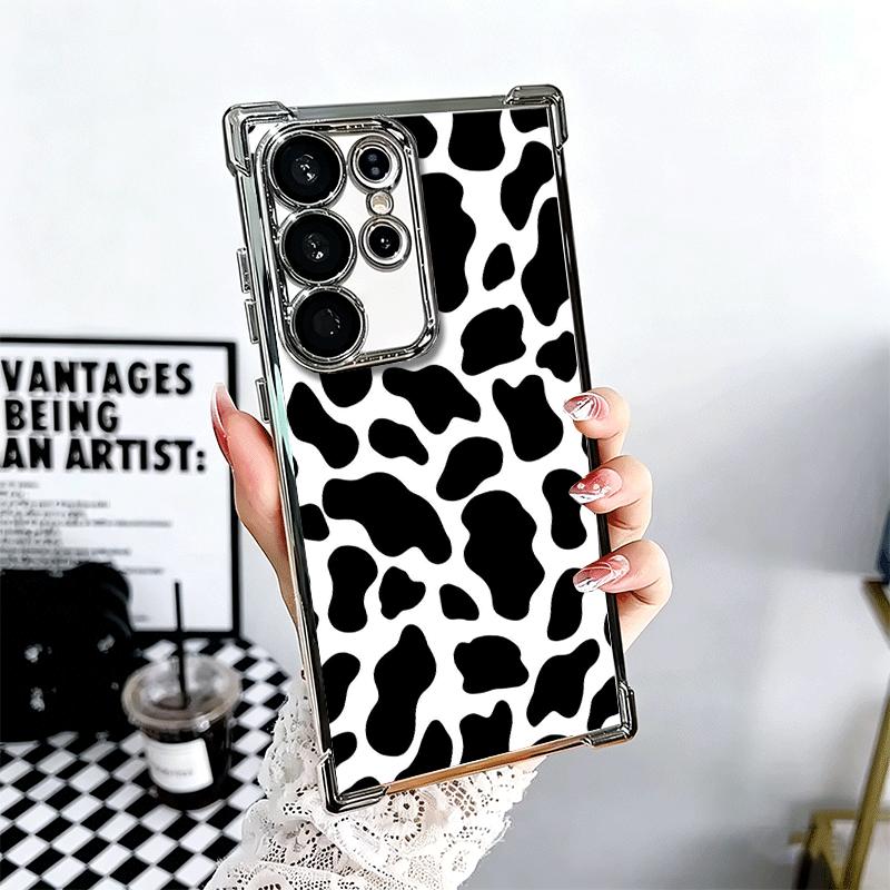 White Black Dairy Cattle Symbol Plating Phone Case For Samsung Galaxy S24 S25 FE S26 Edge S23 Ultra S22 S21 Plus S20 Anti-Fall A