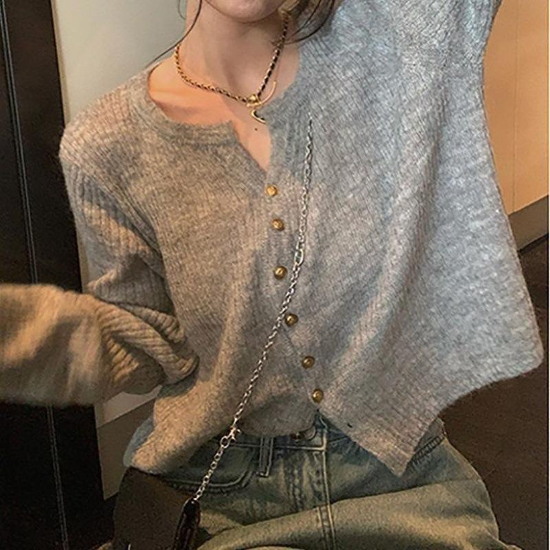 Gentle and lazy wind soft waxy crew neck knitted cardigan top women's autumn and winter new thin bottom sweater