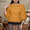ZANZEA Womens Summer Casual 3/4 Sleeve Hollow Patchwork Embroidery Crochet Blouse