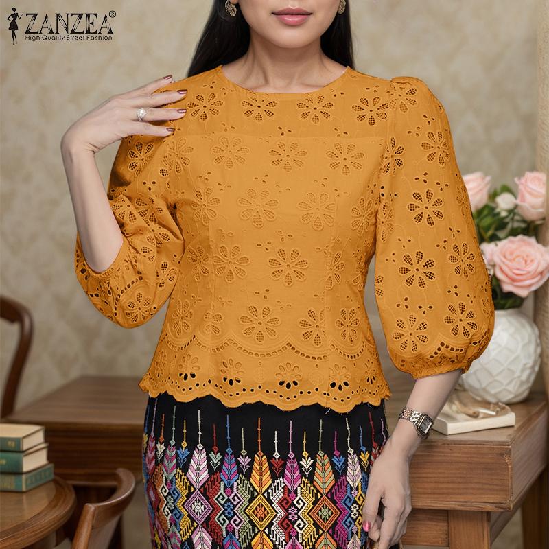 ZANZEA Womens Summer Casual 3/4 Sleeve Hollow Patchwork Embroidery Crochet Blouse