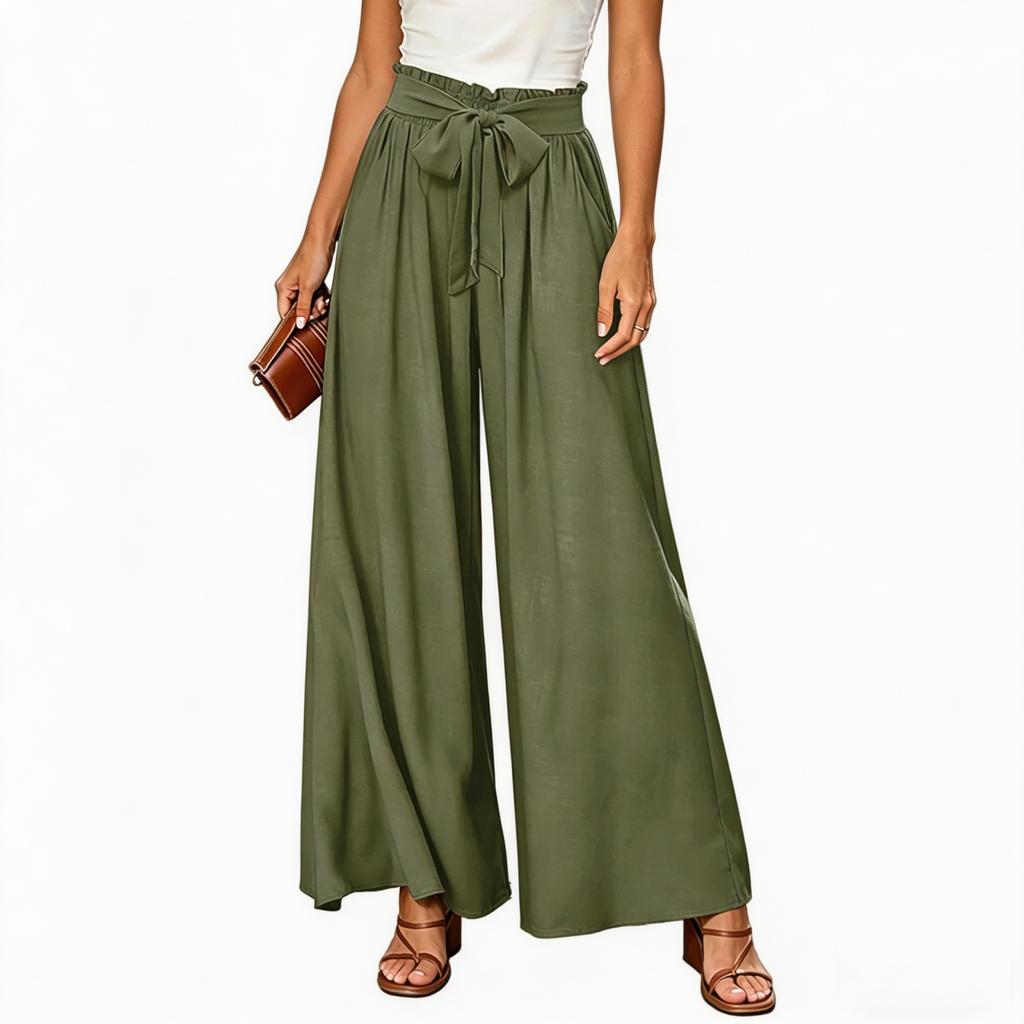 High Waist Wide Leg Palazzo Pants for Women with Belted Tie Elastic Waist Loose Fit Trousers for Casual or Office Wear