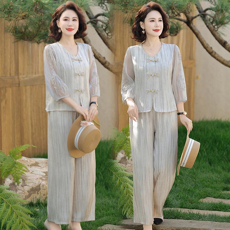 Plus Size Women's Summer Wide-Leg Pants Two-Piece Set for Middle-Aged and Elderly