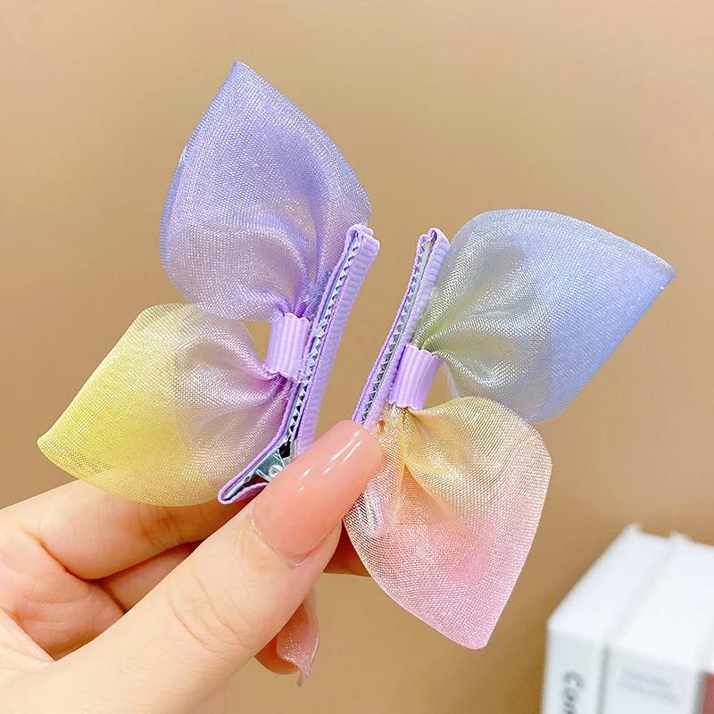 2PCS New Princess Gradient Color Bow Lovely Girls Hairpins Children Headwear Hairgrip Hair Clips Barrettes Hair Accessories
