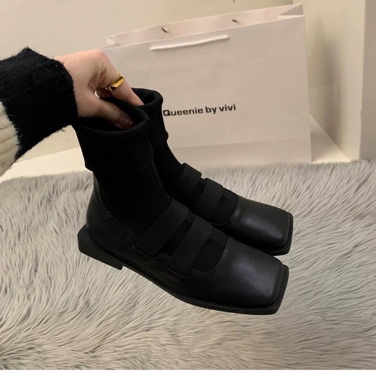 Square head thin knitted socks boots women s shoes new autumn and winter socks shoes loafer short boots with socks boots 35