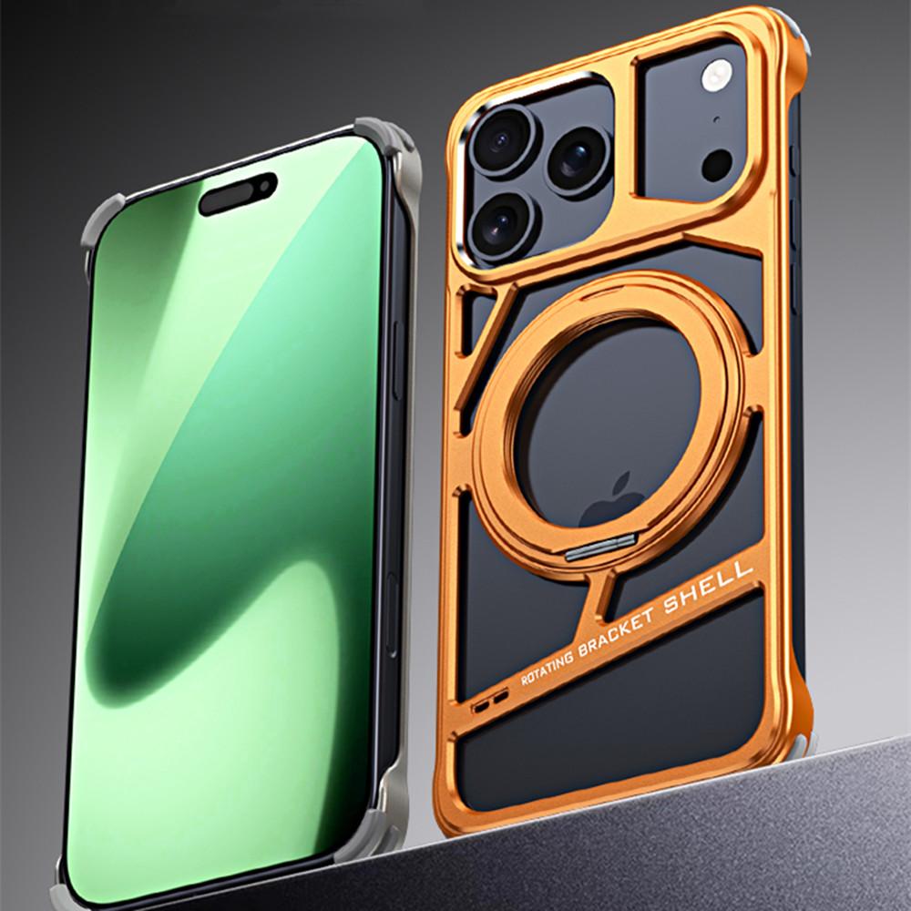 Orange Aluminium Alloy Metal Case For iPhone 17 Pro Max 16 15 14 Rotation Bracket Hollow Out Magnetic Metal Shockproof Cover
