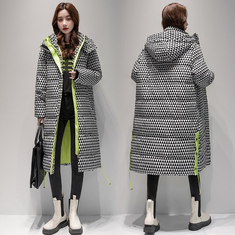 Herbst und Winter Damen einfarbig mit Kapuze kariert locker lässig verdickend warm lange Damenjacke