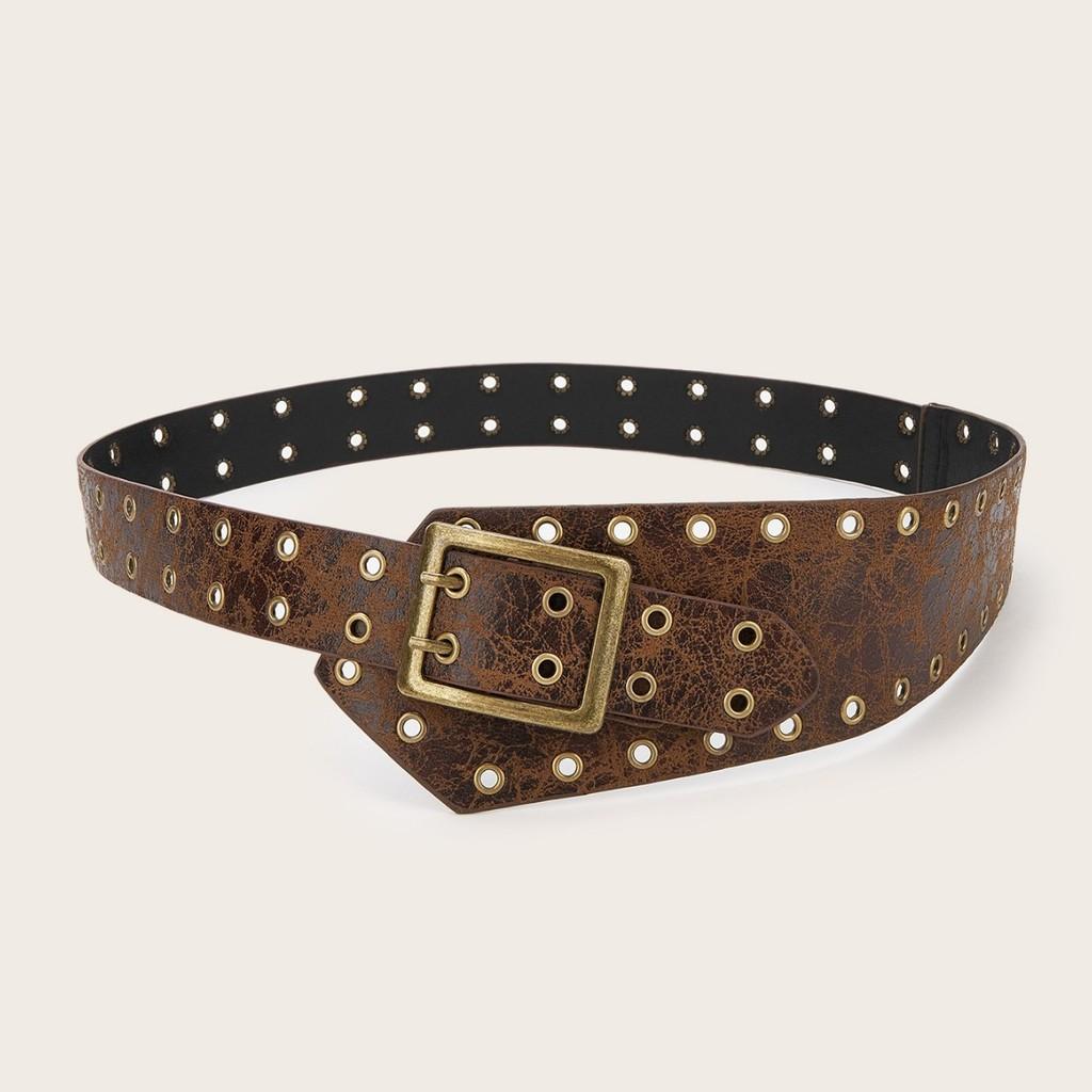Vintage Street Style Pu Leather Belt For Women With Double Pin Buckle And Metal Rivets