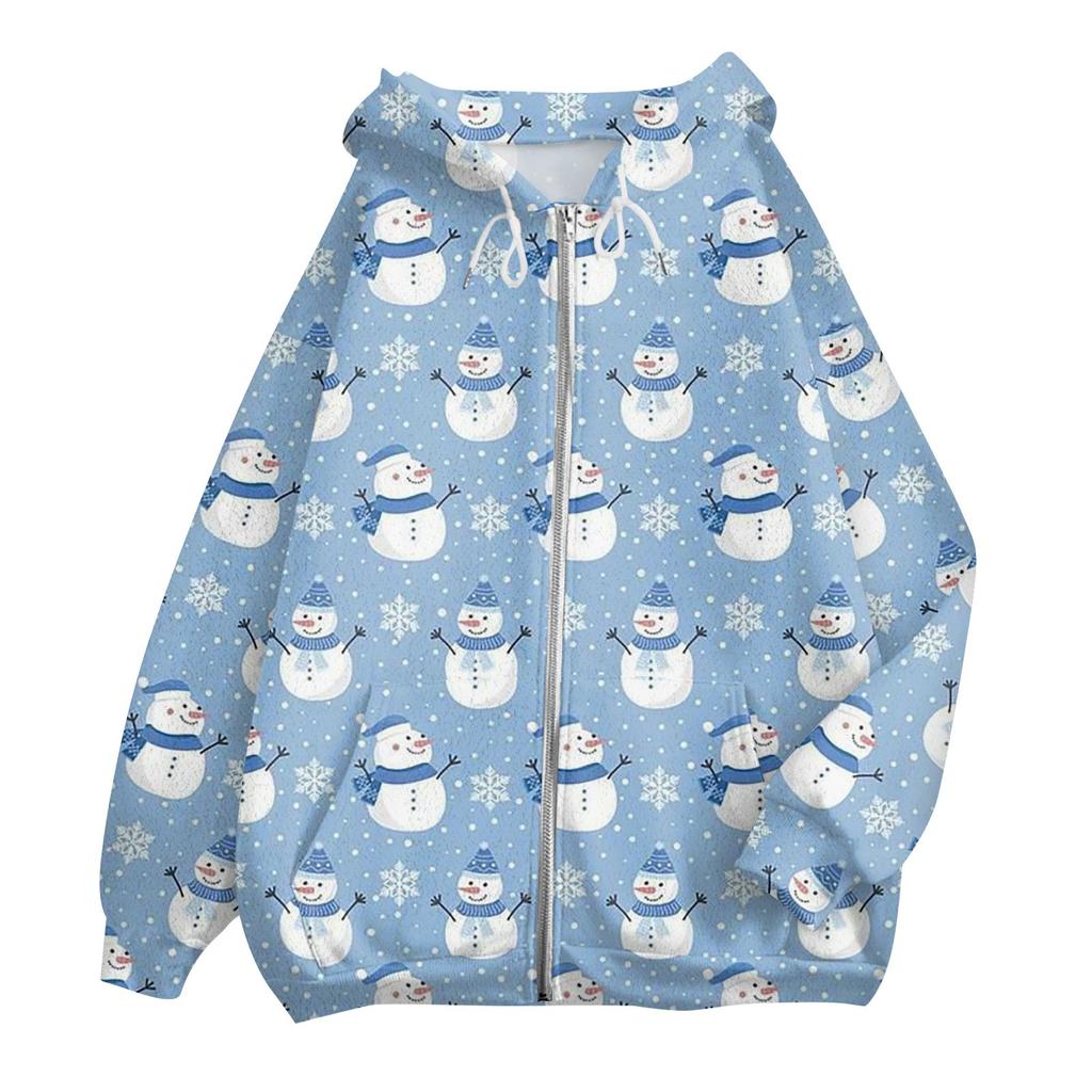 Damenmode Lässiger Langarm Weihnachtsdruck Strickjacke Mantel mit Tasche Reißverschluss