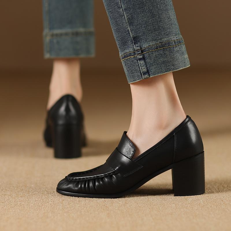 Fashion 2025 Women Pumps High Heels Classic Shoes Genuine Leather Round Toe Slip On Loafers Woman Leather Shoes Work Pleated Daily Shoes