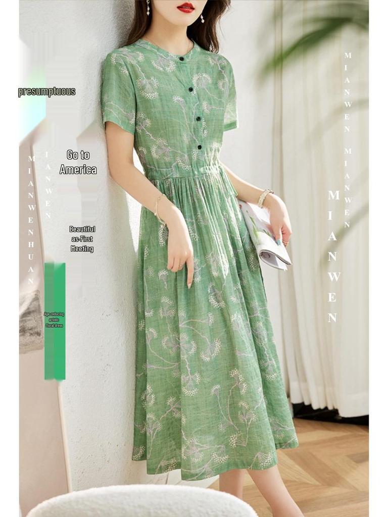 Dámské letní 2025 květinové bavlněné lněné šaty - Krátký rukáv, zeštíhlující pas, dlouhá délka, omlazující, módní ležérní oblečení pro matky