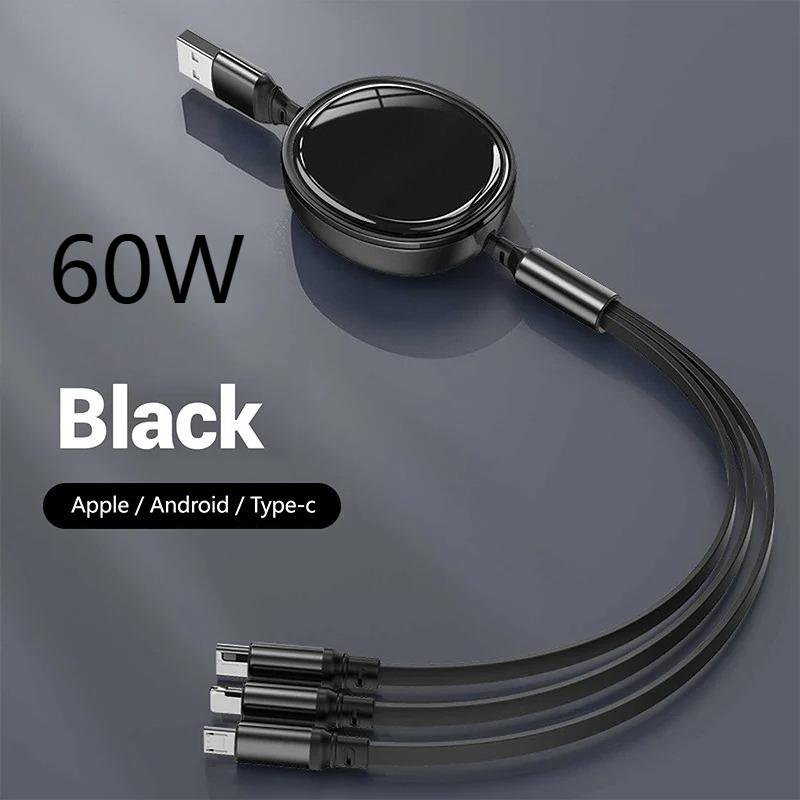 120W Retractable Fast Charge Cable for IPhone 15 16 Samung Galaxy Huwei Series USB Type C Micro USB Mobile Phone Charging Cord