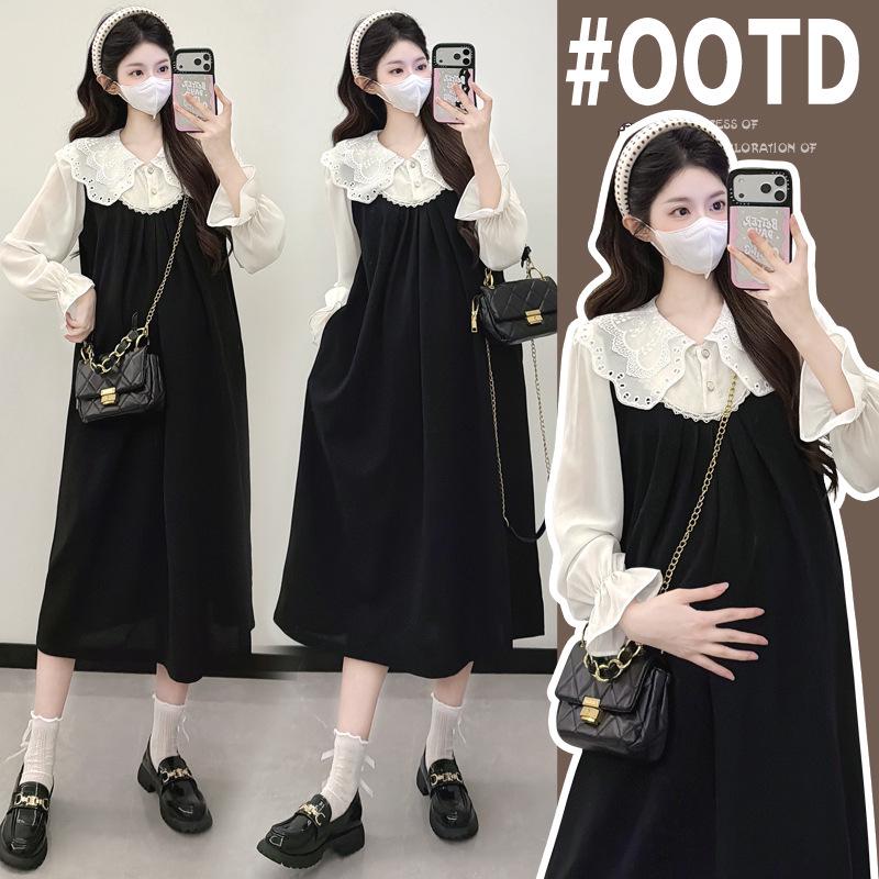 Maternity Dress with French Lace Doll Collar - Two-Piece Look, Spring/Autumn Style, High-End Long Skirt M чёрный