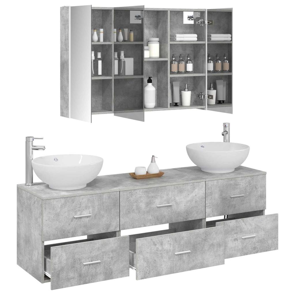 Bathroom Furniture Set 4 Pcs Concrete Grey Engineered Wood and Glass