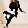 Women Plus Size Two Piece Set Round Neck Long Sleeve Black White Geometric Printed Longline Top Fitted Pants