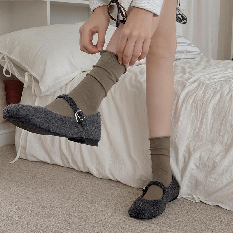 Women's Rolled Edge Mid-Calf Cotton Socks - Boneless, Elastic, Sweat-Absorbent, Breathable, Solid White, Versatile Slouch Design