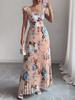 Women's Square Neck Sleeveless Maxi Dress Slim Fit Elastic Waist Floral Print Ruffle Sleeve Pleated Long Dress