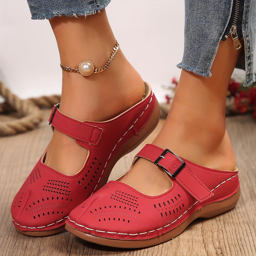 Womens Faux Leather Solid  Round Toe Flat Heel Wedge Sandals Comfortable Slip-on Buckle Strap Design, Soft Faux Leather Insole