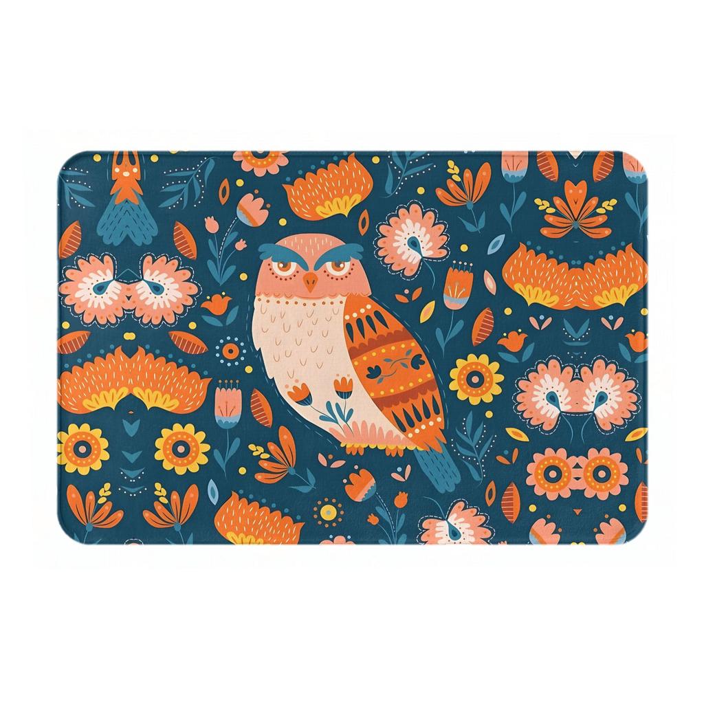 Folk Owl Doormat – Blue Floral Background with Orange Patterned Owl, Soft Flannel, Non-Slip, Machine Washable, Entryway Bedroom