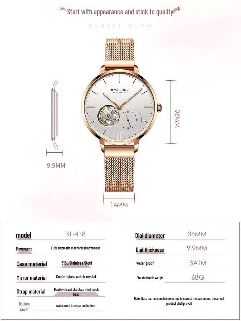 Solon Petite Ladies' Skeletonized Automatic Mesh Band Watch - Korean Style 