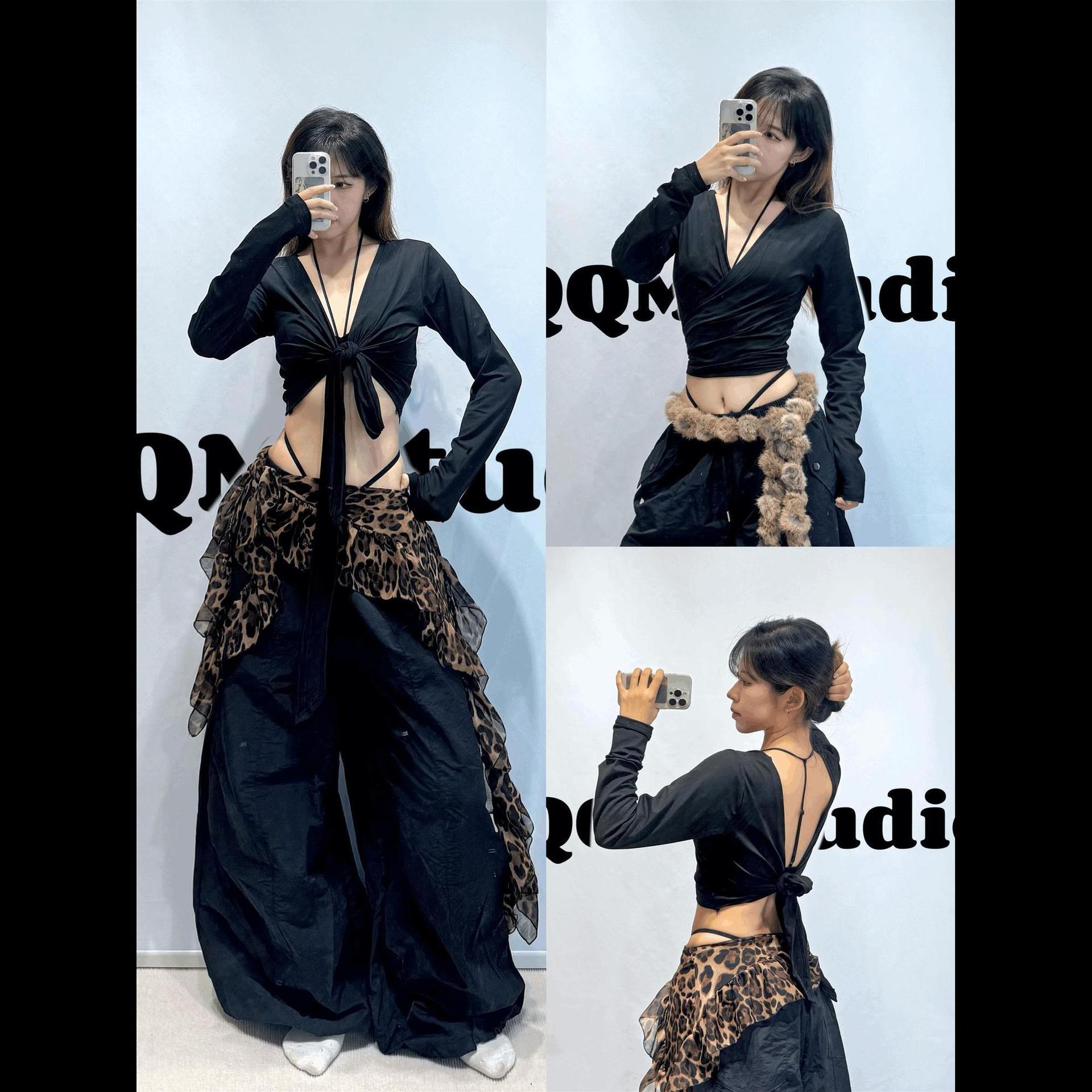 Jazz Dance Backless Knot Tie-Up Reversible Cropped Long Sleeve Top One Size
