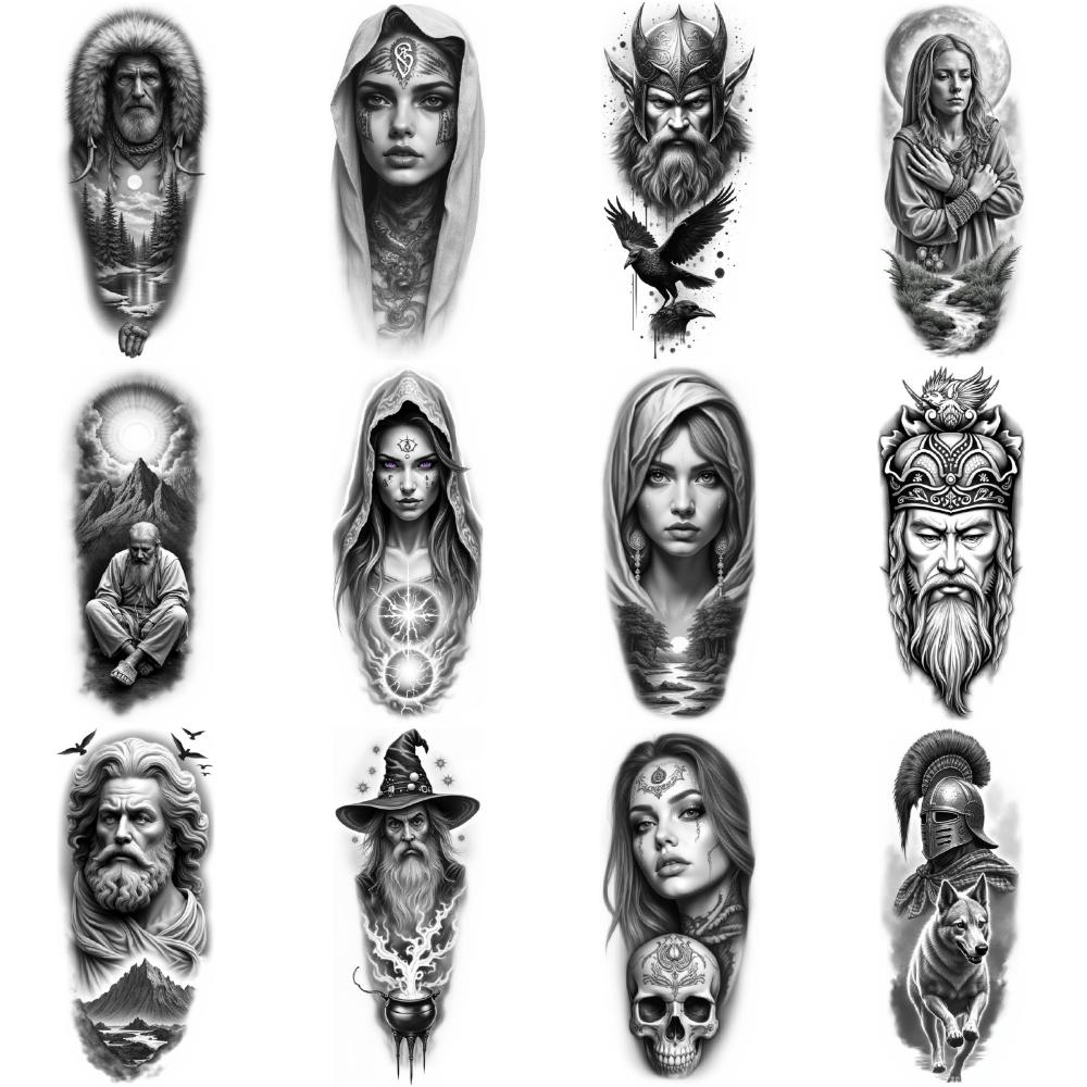 12 ks dočasné tetování černošedé realistické tetování starověké sochy domorodé tetování havraní tetování pro muže paže stehna