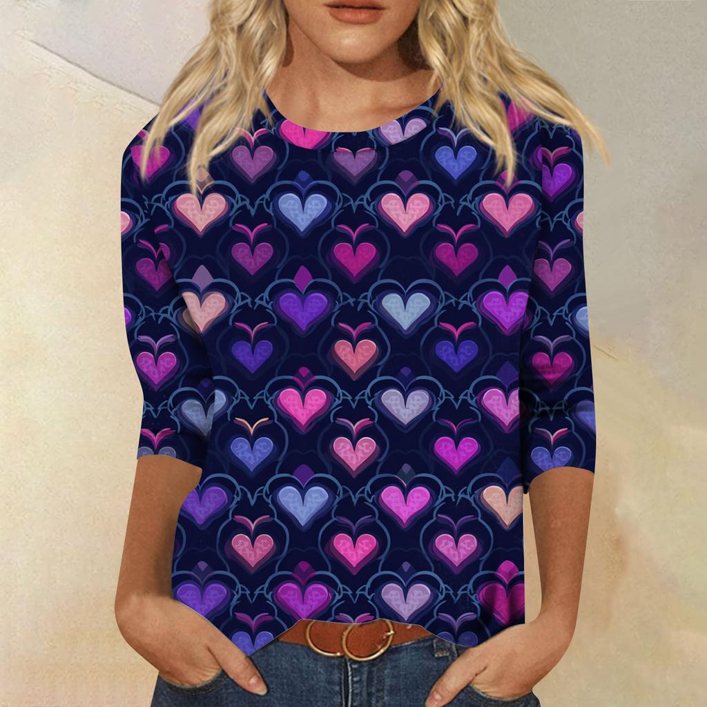 Women's Tops Three-quarter Sleeve Shirt V-neck Loose Casual Shirt Print T-shirt
