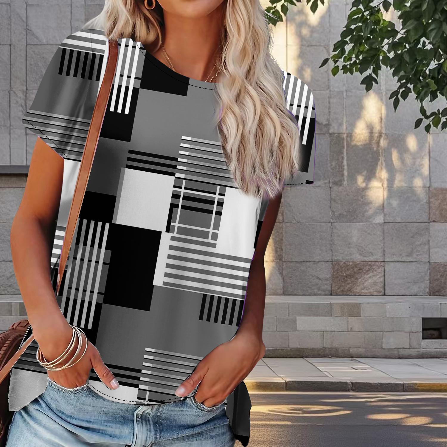 

Женская летняя футболка с геометрическим рисунком, ретро-мода, футболки с коротким рукавом, повседневные топы с принтом 8XL серый