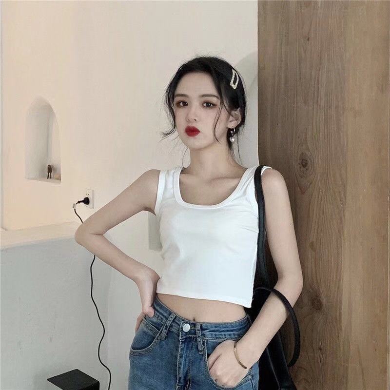 Women Summer Casual Sleeveless Solid Color U Collar Bare Midriff Crop Top