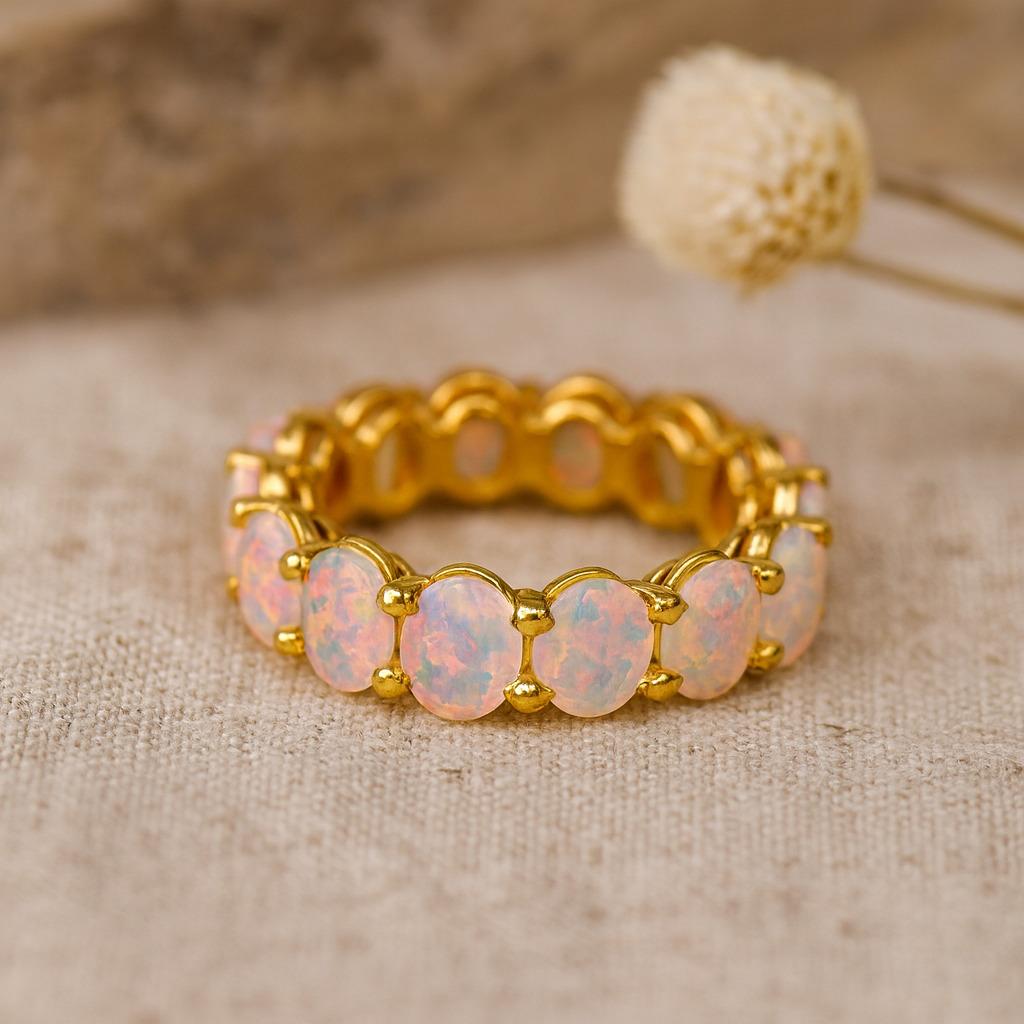 Pink & White Opal Engagement Band – Dainty Minimalist Art Deco Wedding Band | October Birthstone Promise Ring Gift for Her