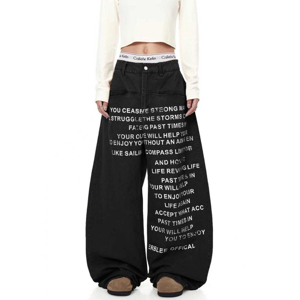 VibeStreet American Large Size Letter Print Jeans Women's Vintage Loose Lazy Style Floor-Length Pants Straight Leg Jeans
