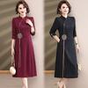 Embroidered Floral Mid-Length Dress - Trendy Spring/Autumn Wear for Middle-Aged and Elderly Women, Chinese Style.