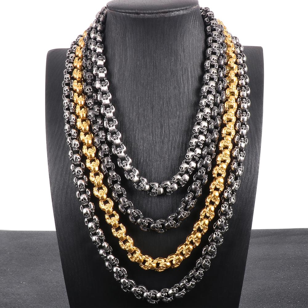 Punk Gothic Herren Halskette mit allen Totenkopfköpfen Gliederkette Massiver Edelstahl Skelett Schmuck 50-70CM Lange Halsketten Halsband für Männer